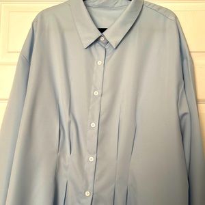 Light blue button down comfy fitted pleated style long sleeve woman’s shirt
